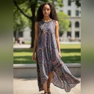 Tribal Design 100% Cotton Irregular Swing Hem Shift Dress L